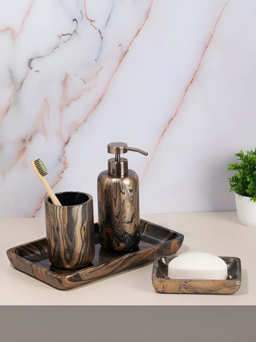 Black & Brown 4 piece Abstract Polyresin Bath Accessories Set - grahsajja