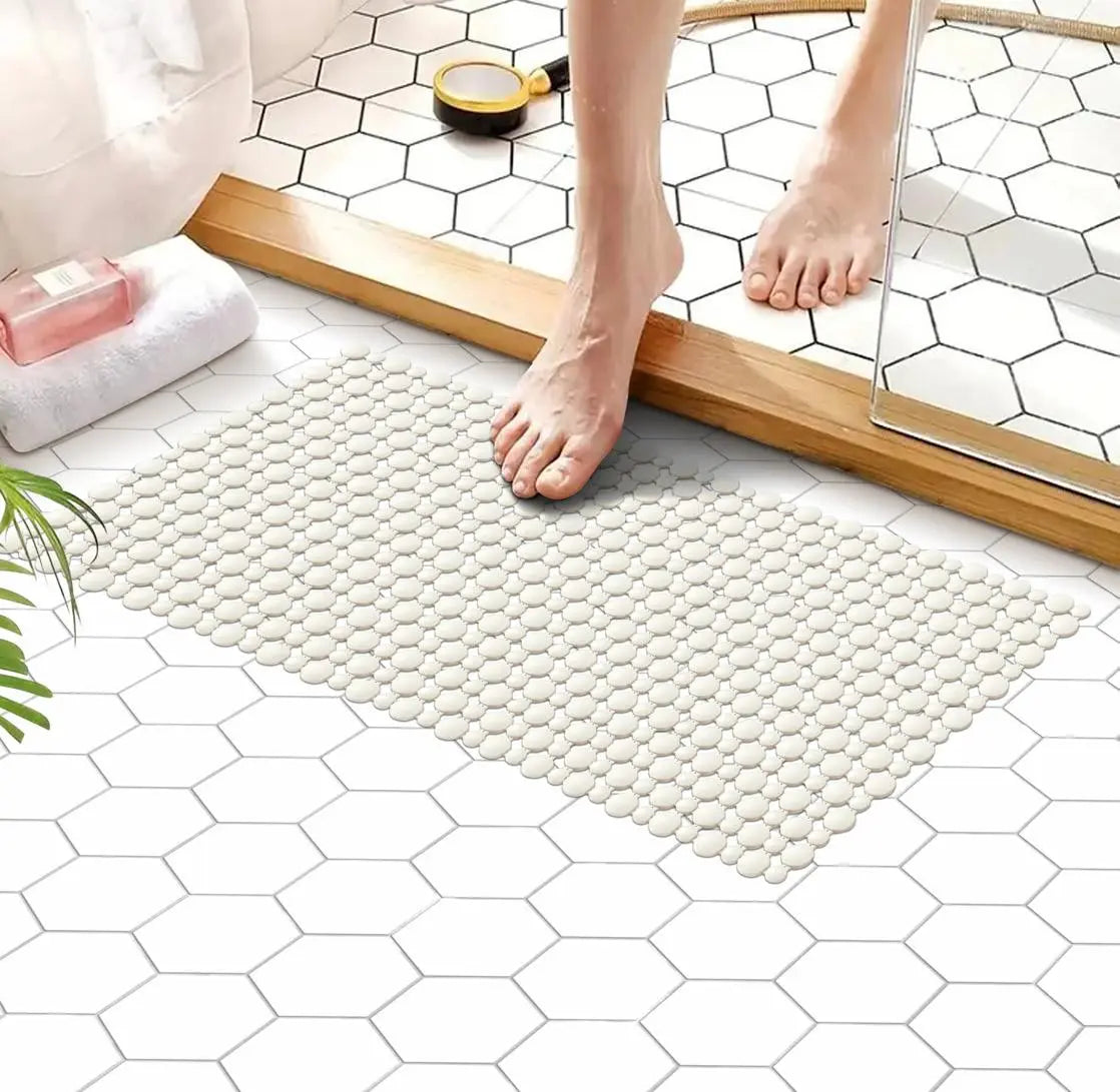 Shower Mat Non Slip for Bathroom, Anti Skid Bathtub Mat (Plastic Stripped- Rubber Base, 39cm x 83cm)- Off white - grahsajja