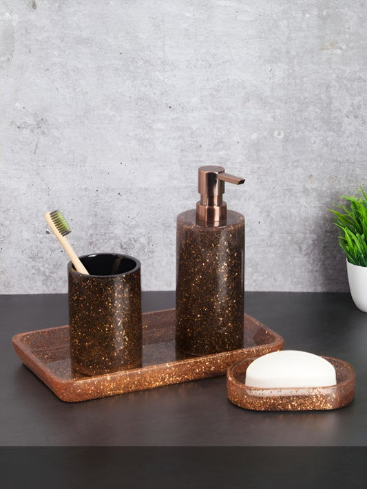 Copper-Toned & Black 4 pieces Textured Polyresin Bath Accessories Set - grahsajja