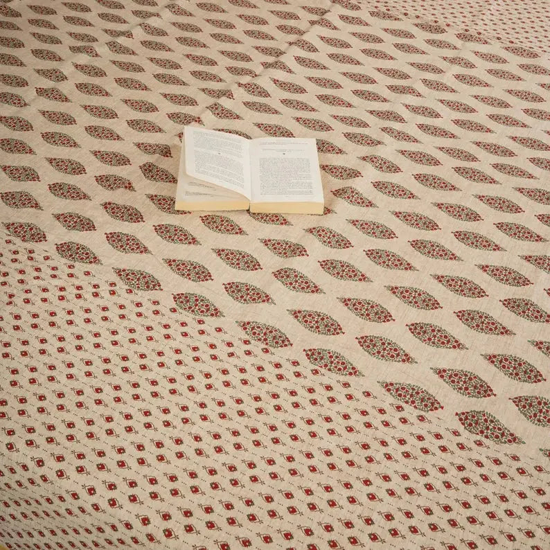 Block Printed Bedsheet Ornament Red 90 x 108inch - grahsajja
