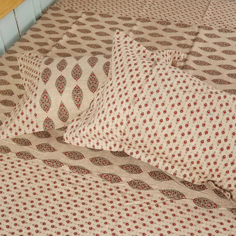 Block Printed Bedsheet Ornament Red 90 x 108inch - grahsajja