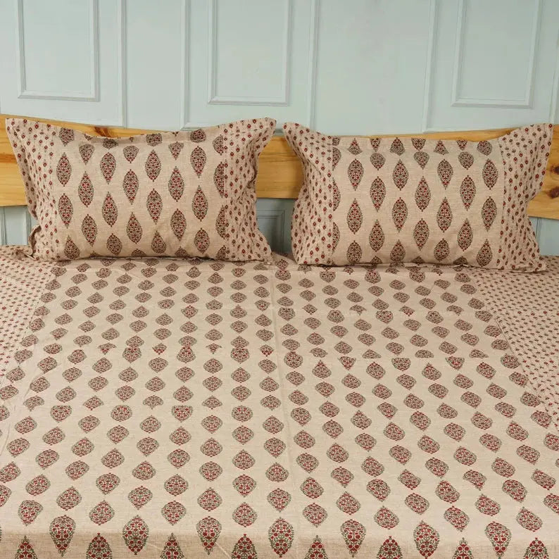 Block Printed Bedsheet Ornament Red 90 x 108inch - grahsajja