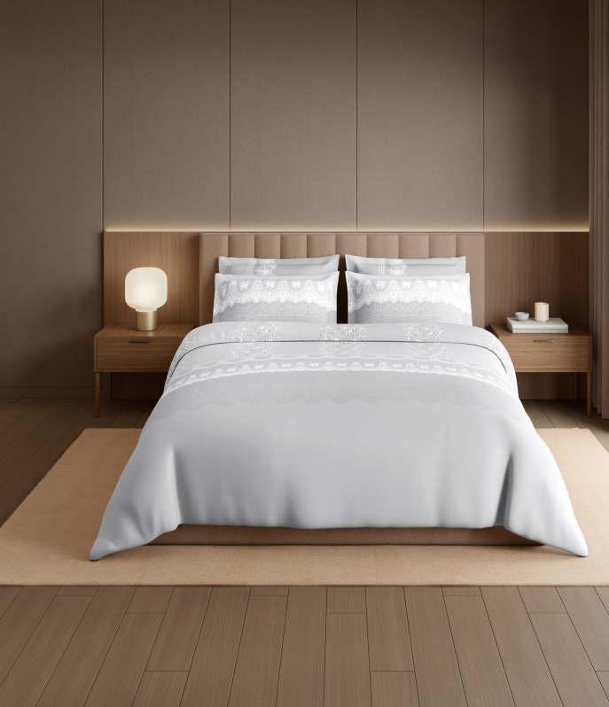 Spaces The Luxe Edit 100% Cotton 300 TC Sateen Botanic Large Bedsheet with 4 Pillow Covers, Meraki Forever Lace Cloud