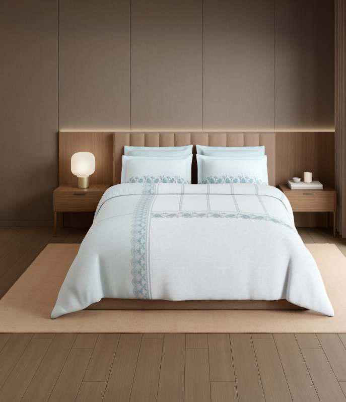 Spaces The Luxe Edit 100% Cotton 300 TC Sateen Botanic Large Bedsheet with 4 Pillow Covers, Meraki Forever Lace Saltwater Slide