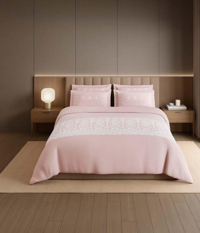 Spaces The Luxe Edit 100% Cotton 300 TC Sateen Botanic Large Bedsheet with 4 Pillow Covers, Meraki Forever Lace Rose Quartz