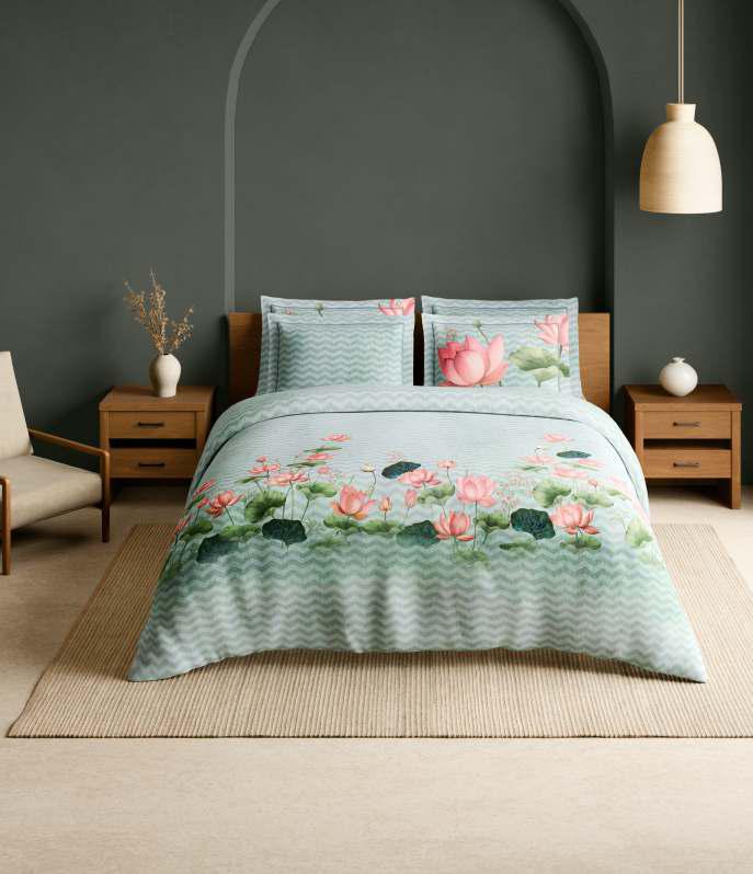 Spaces The Luxe Edit 100% Cotton 300 TC Sateen Botanic Large Bedsheet with 4 Pillow Covers, MERAKI BLOOMS OF INDIA Pale Aqua
