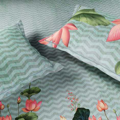 Spaces The Luxe Edit 100% Cotton 300 TC Sateen Botanic Large Bedsheet with 4 Pillow Covers, MERAKI BLOOMS OF INDIA Pale Aqua