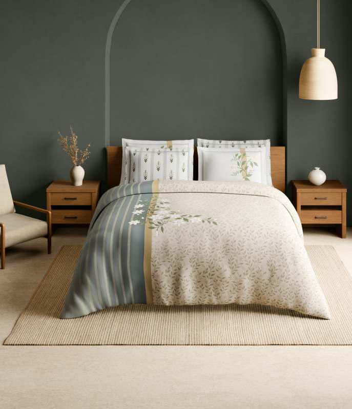 Spaces The Luxe Edit 100% Cotton 300 TC Sateen Botanic Large Bedsheet with 4 Pillow Covers, MERAKI BLOOMS OF INDIA Whisper White