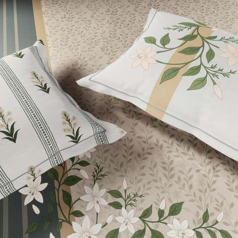 Spaces The Luxe Edit 100% Cotton 300 TC Sateen Botanic Large Bedsheet with 4 Pillow Covers, MERAKI BLOOMS OF INDIA Whisper White