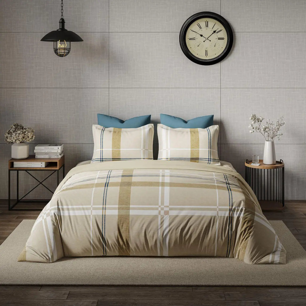 Ddecor Live Beautiful King Size Bedsheet with 4Pc Pillow Covers URBAN CHECKS | CLOUD CREAM - grahsajja