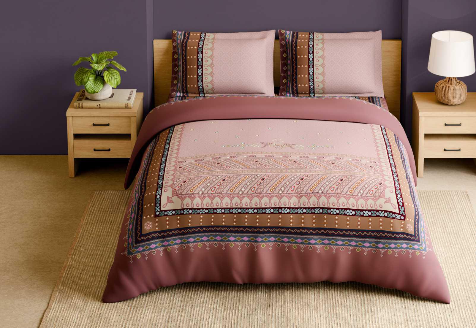 Spaces Shubha 100% Cotton 300 TC Sateen Botanic Large Bedsheet with 2 Pillow Covers, Banjara