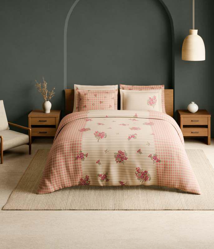 Spaces The Luxe Edit 100% Cotton 300 TC Sateen Botanic Large Bedsheet with 4 Pillow Covers, MERAKI BLOOMS OF INDIA Sandshell