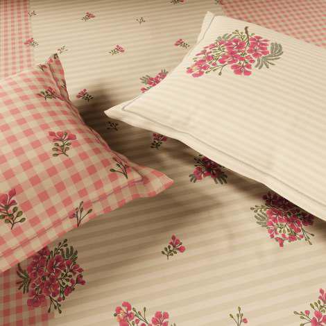 Spaces The Luxe Edit 100% Cotton 300 TC Sateen Botanic Large Bedsheet with 4 Pillow Covers, MERAKI BLOOMS OF INDIA Sandshell