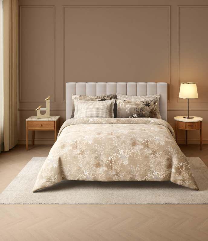 Spaces The Luxe Edit 100% Cotton 350 TC Sateen Botanic Large Bedsheet with 4 Pillow Covers, NORA LUMINOUS REVERIE Cement