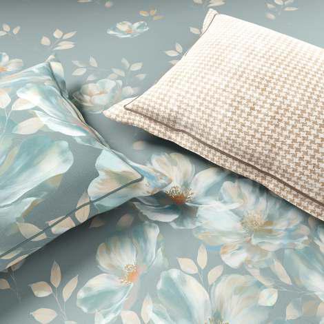 Spaces The Luxe Edit 100% Cotton 350 TC Sateen Botanic Large Bedsheet with 4 Pillow Covers, NORA LUMINOUS REVERIE Chalk Blue