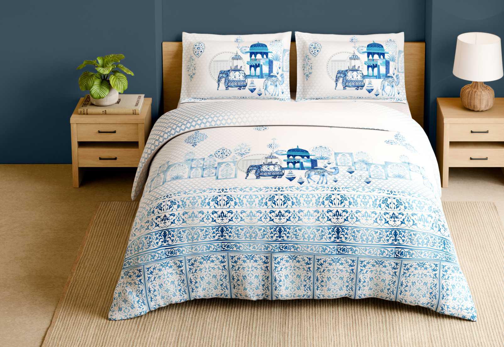 Spaces Shubha 100% Cotton 300 TC Sateen Botanic Large Bedsheet with 2 Pillow Covers, Blue Pottery