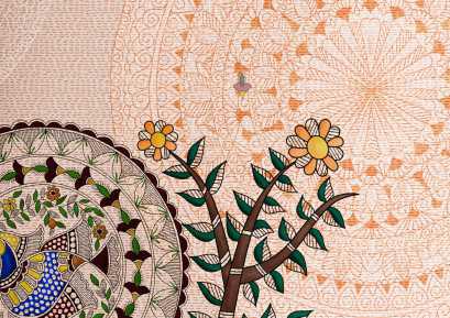 Spaces Shubha 100% Cotton 300 TC Sateen Botanic Large Bedsheet with 2 Pillow Covers, Madhubani