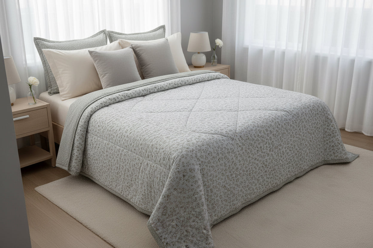 Floral  fabric Quilt with a subtle pattern on a light gray background