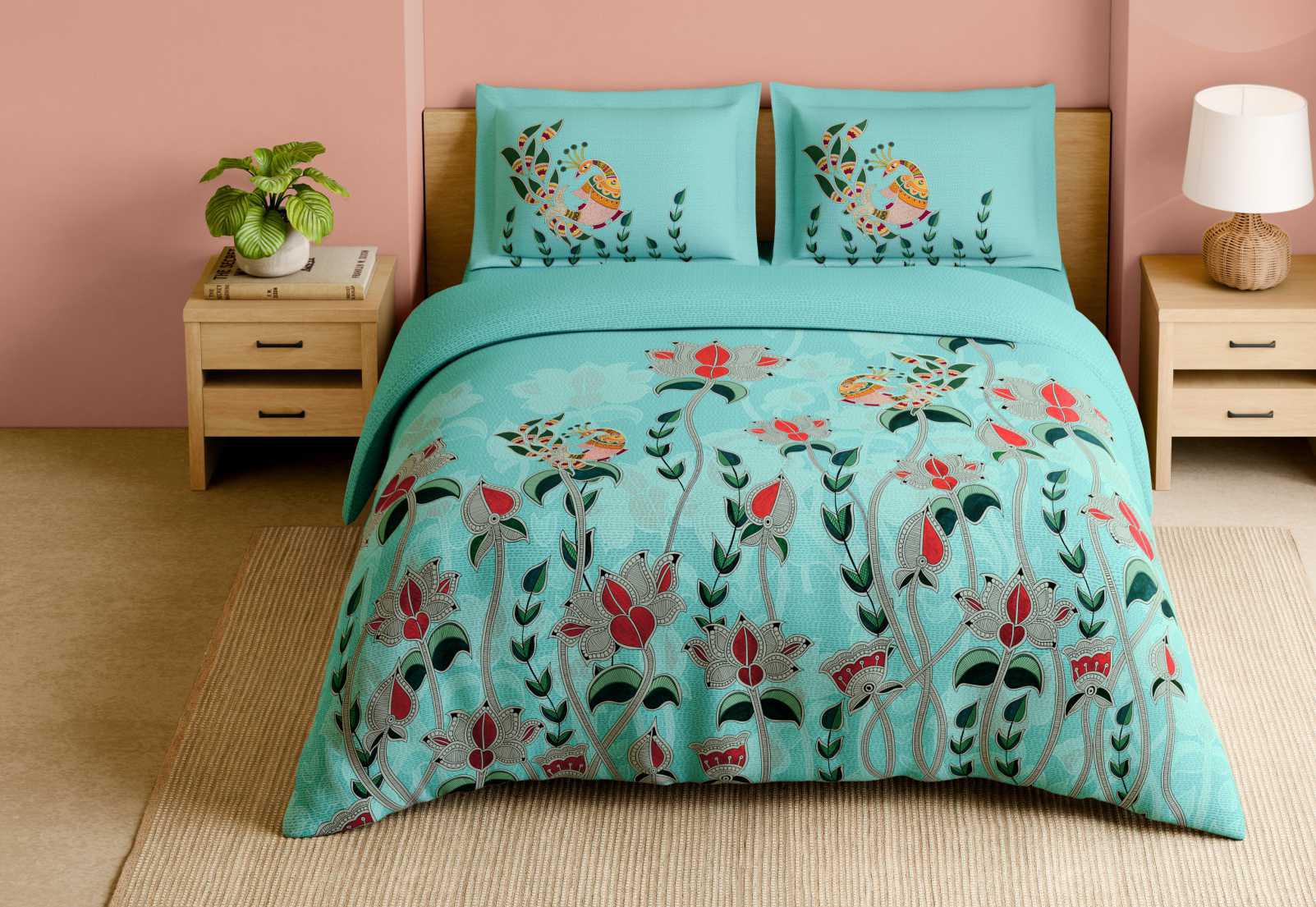 Spaces Shubha 100% Cotton 300 TC Sateen Botanic Large Bedsheet with 2 Pillow Covers, Madhubani blue