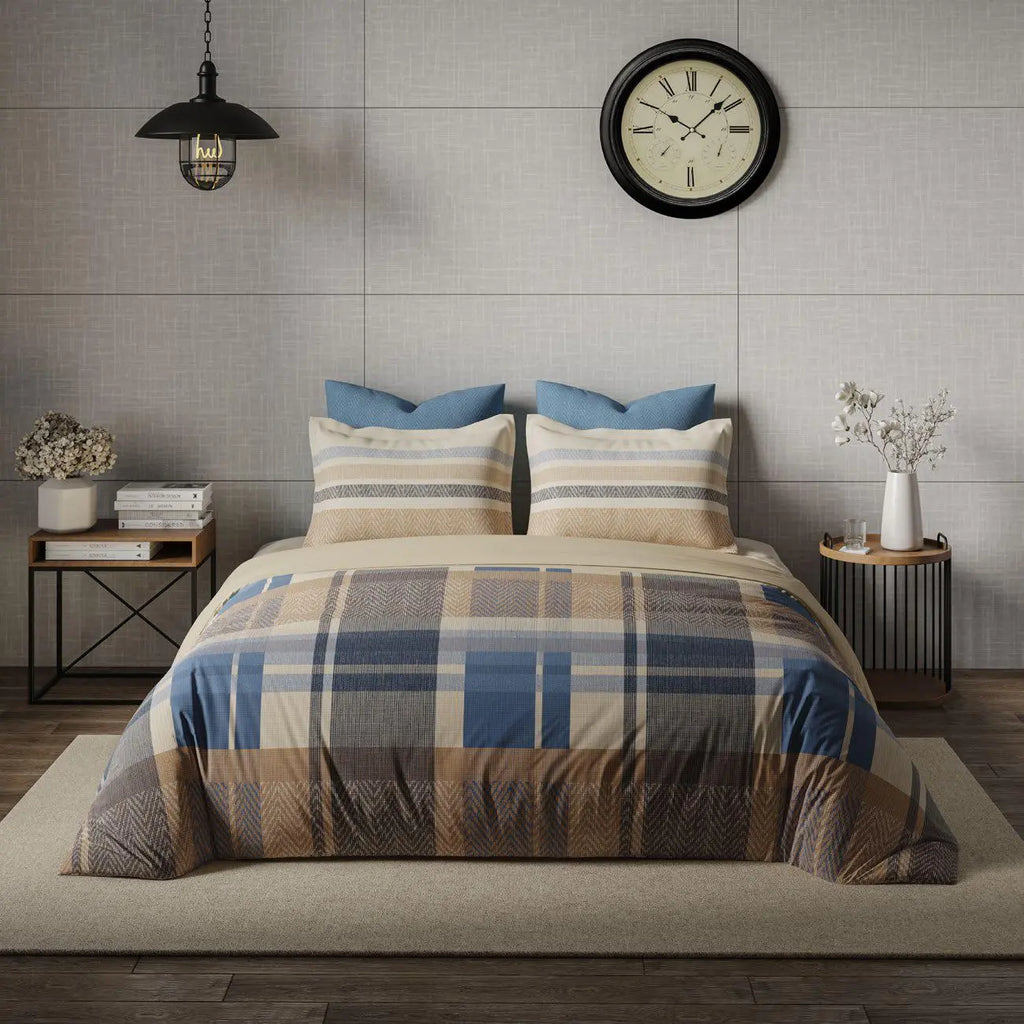 Ddecor Live Beautiful King Size Bedsheet with 4Pc Pillow Covers SLEEK CHECKS | RIVERSIDE BLUE - grahsajja