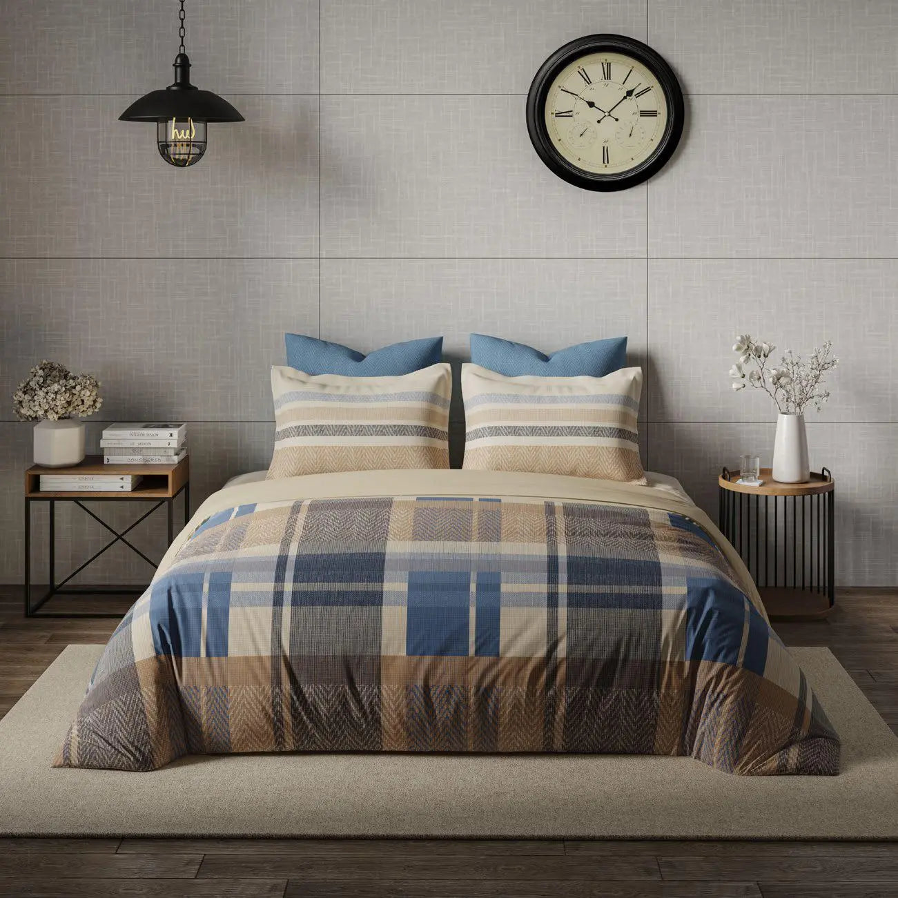 Ddecor Live Beautiful King Size Bedsheet with 4Pc Pillow Covers SLEEK CHECKS | RIVERSIDE BLUE - grahsajja