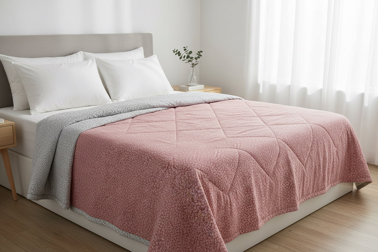 Close-up of a pink textured fabric with a gray corner