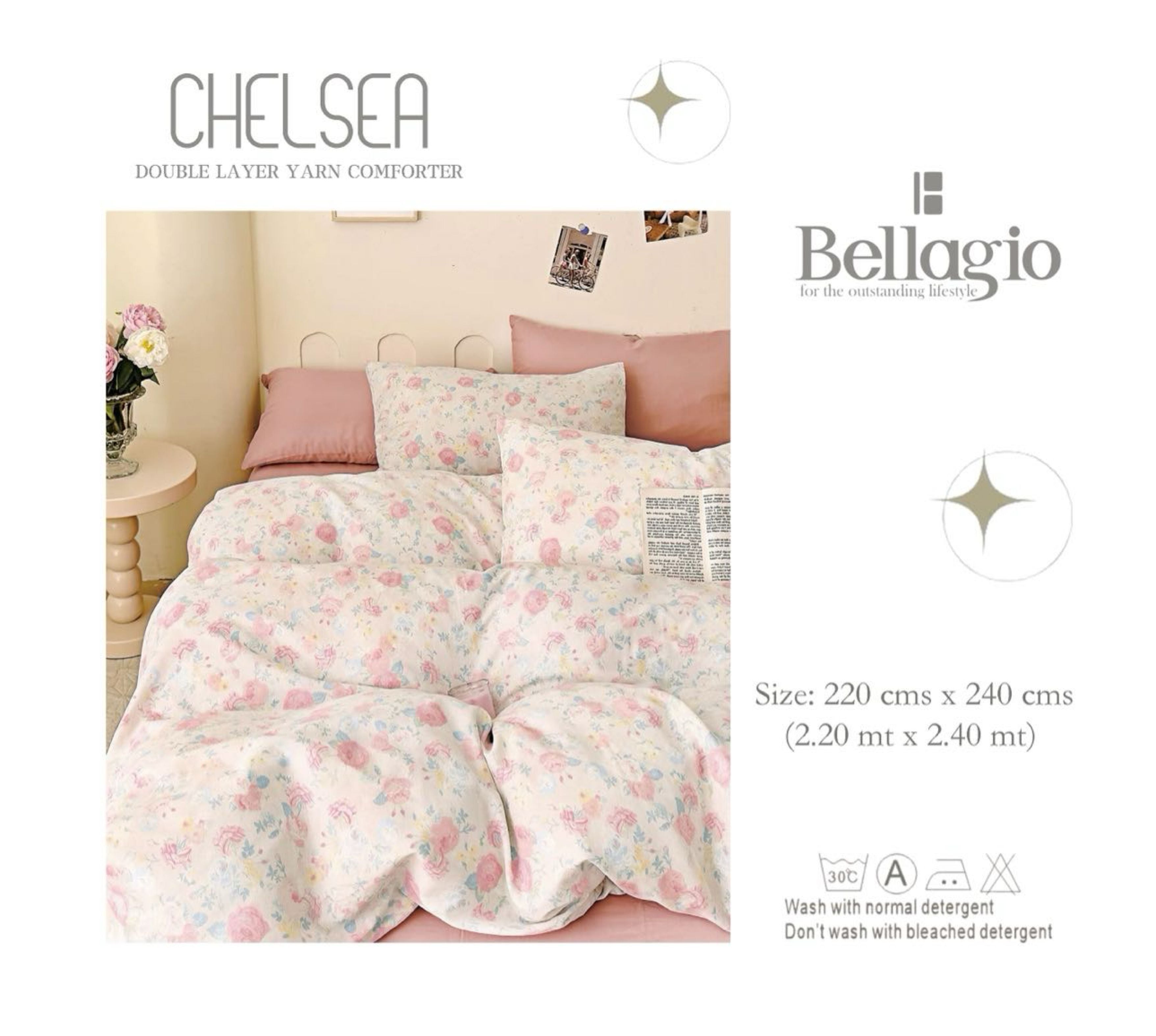 Floral comforter on a bed with 'Chelsea' and 'Bellagio' branding.