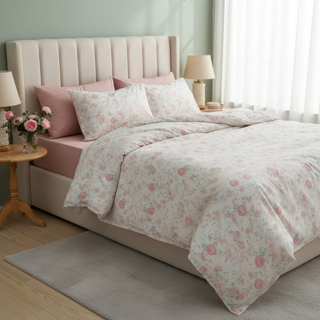 Bedroom with floral bedding and pink pillows
