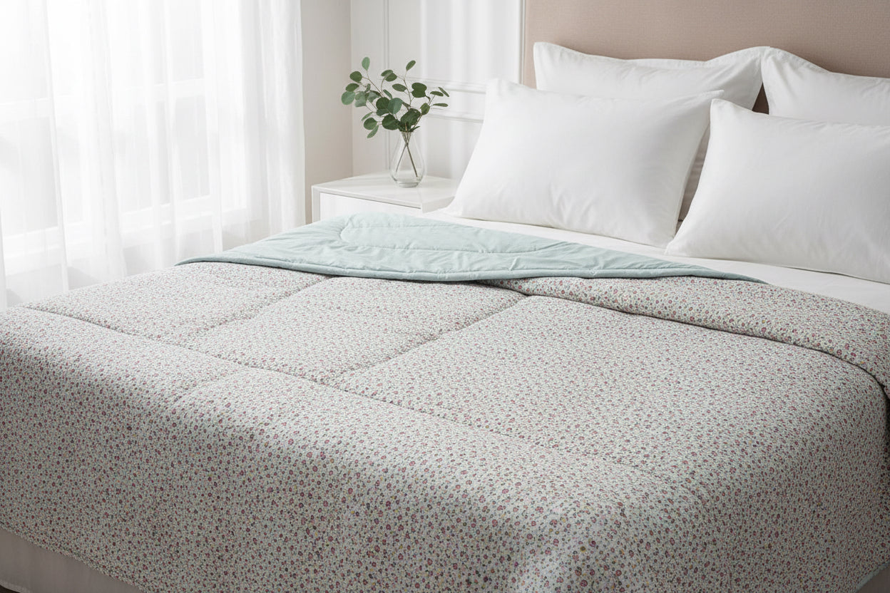 Floral fabric with a light blue blanket partially covering it