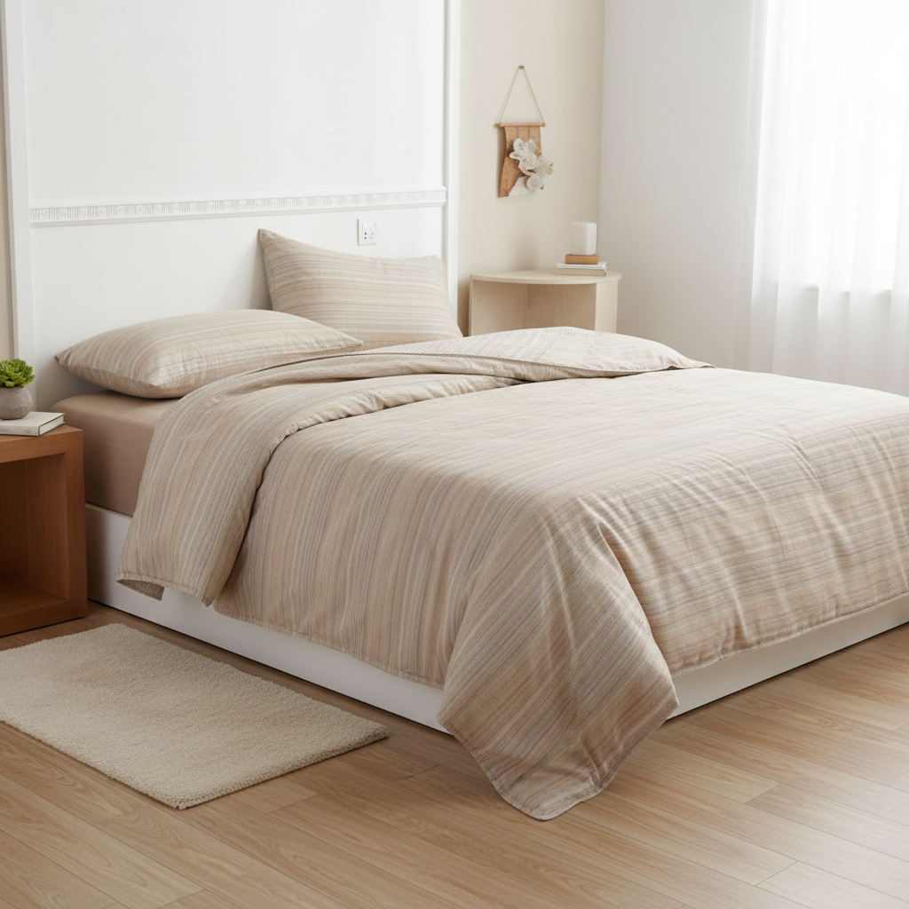 Bellagio Chelsea double layer yarn comforter on a bed with pillows and a side table.