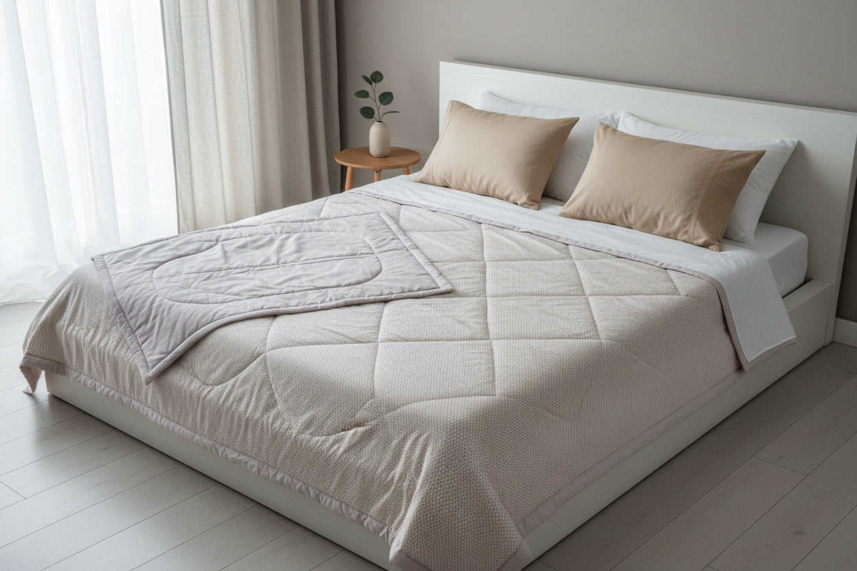 Gray quilted blanket with a textured pattern on a surface