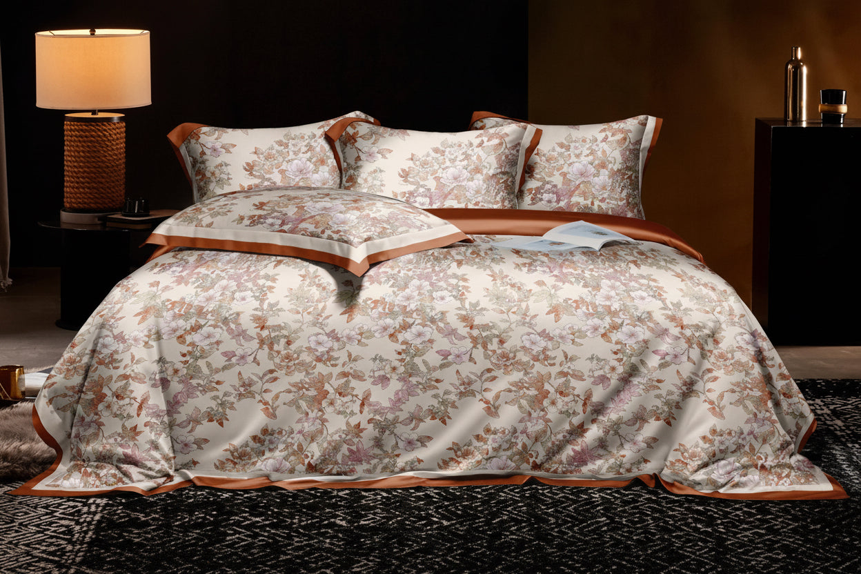 Floral patterned Tencel bedding set on a bed in a bedroom setting. 