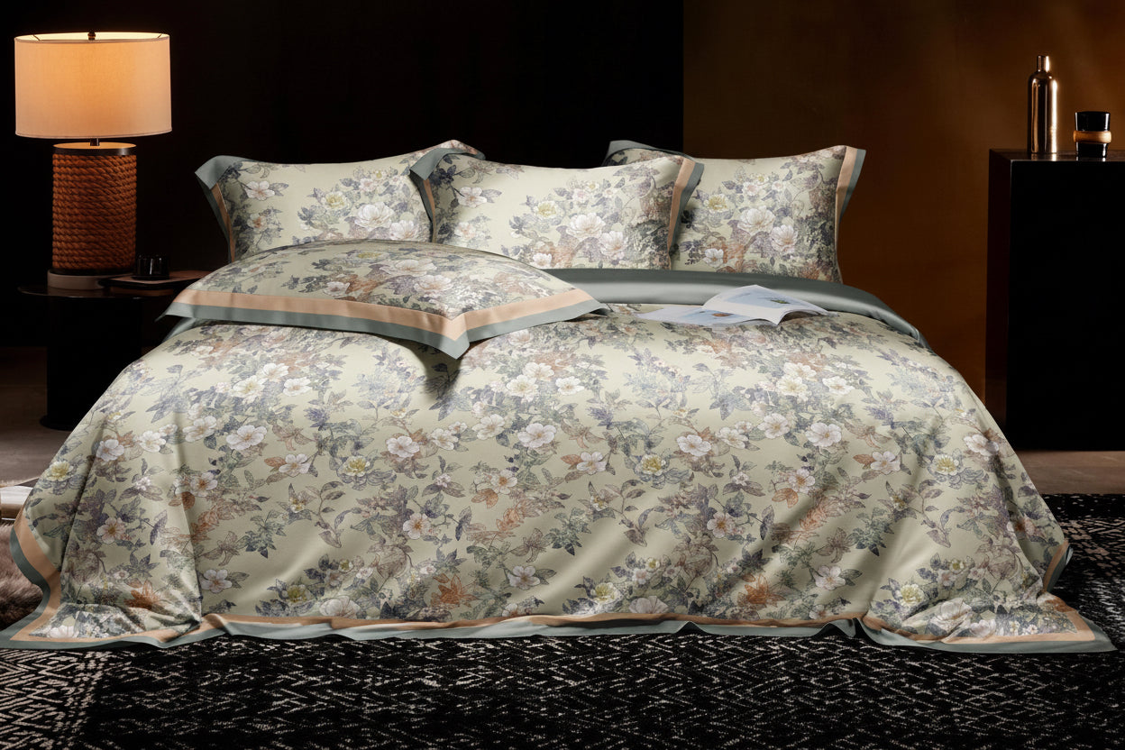 Floral patterned Tencel bedding set on a bed in a bedroom setting.