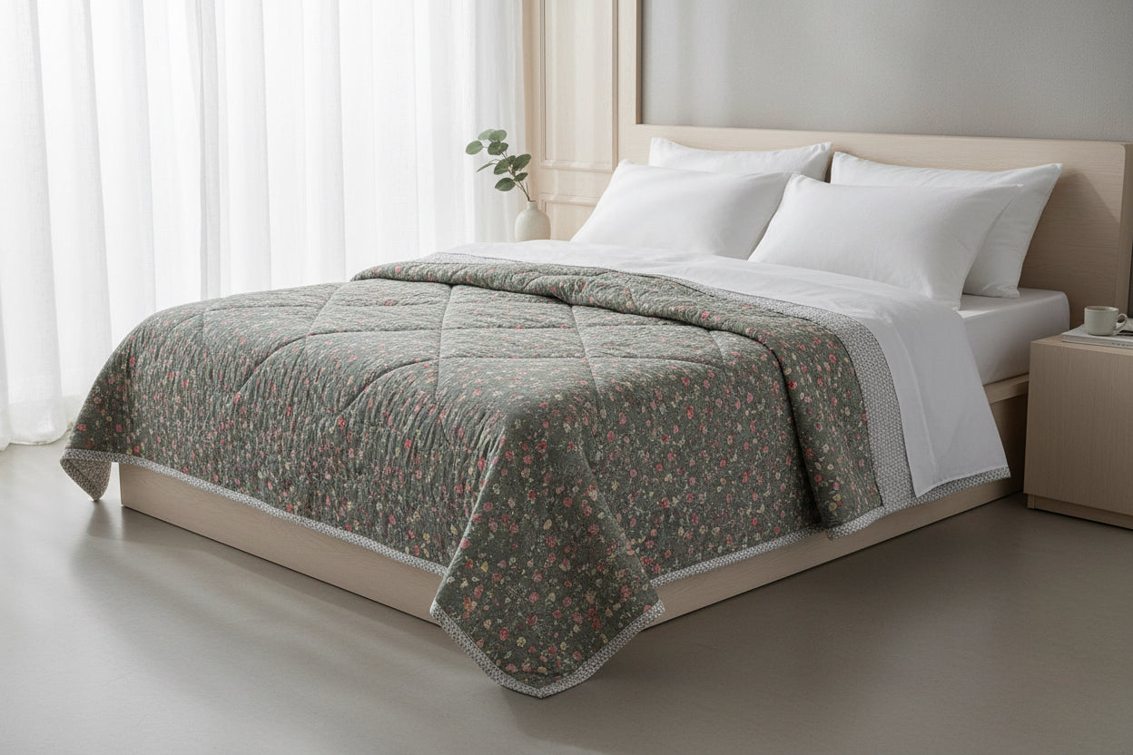 Floral patterned fabric with a gray border