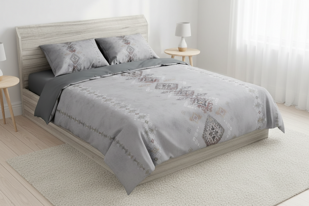 Gray bedding set with geometric patterns on a white background