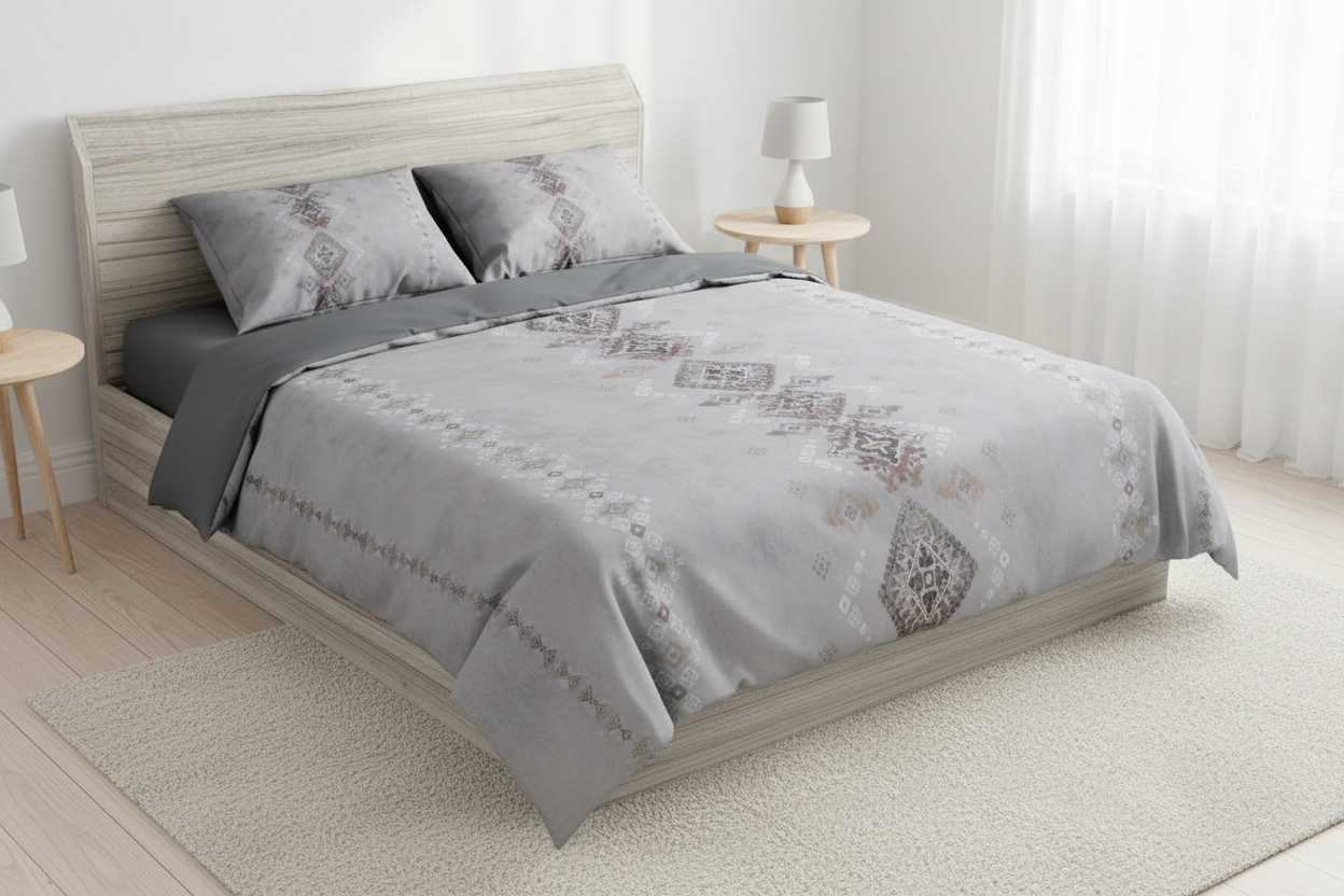 Gray bedding set with geometric patterns on a white background