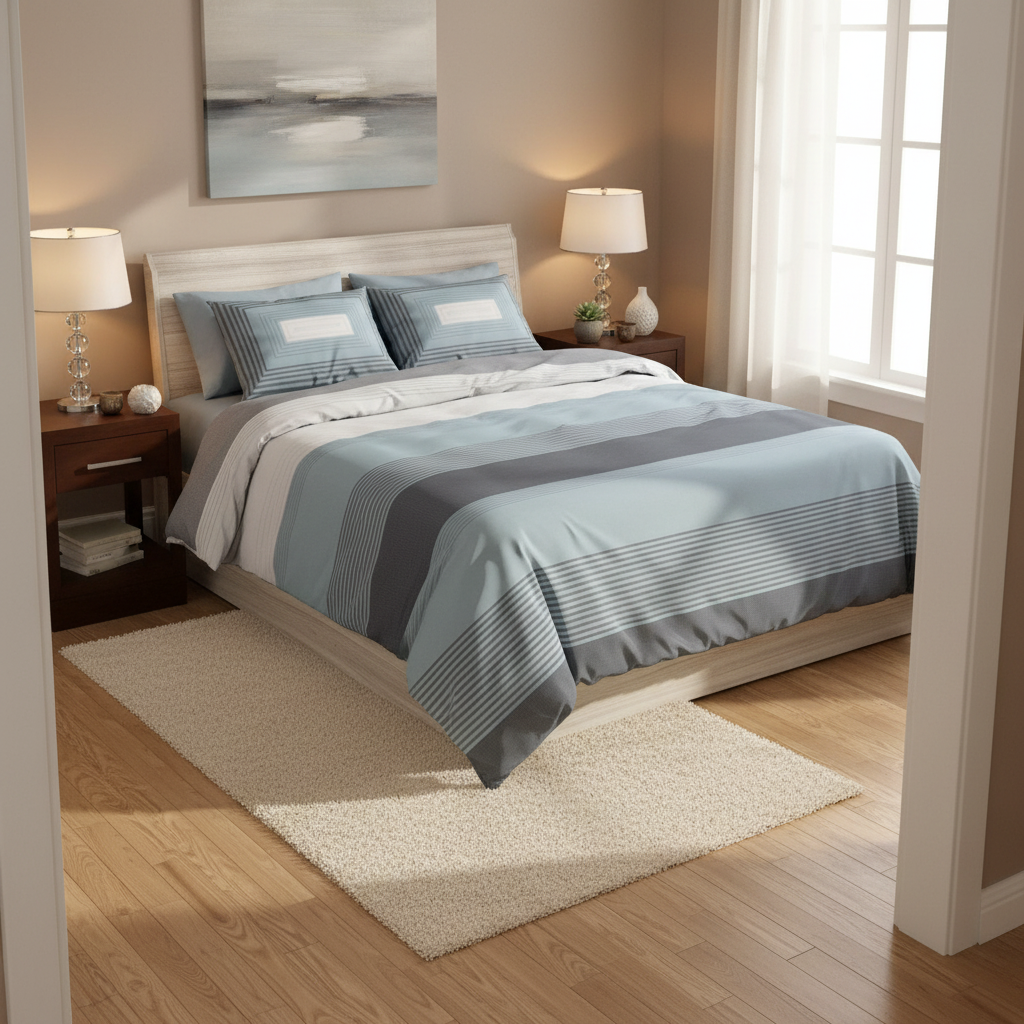 Striped bedding set with pillows on a bed against a white background