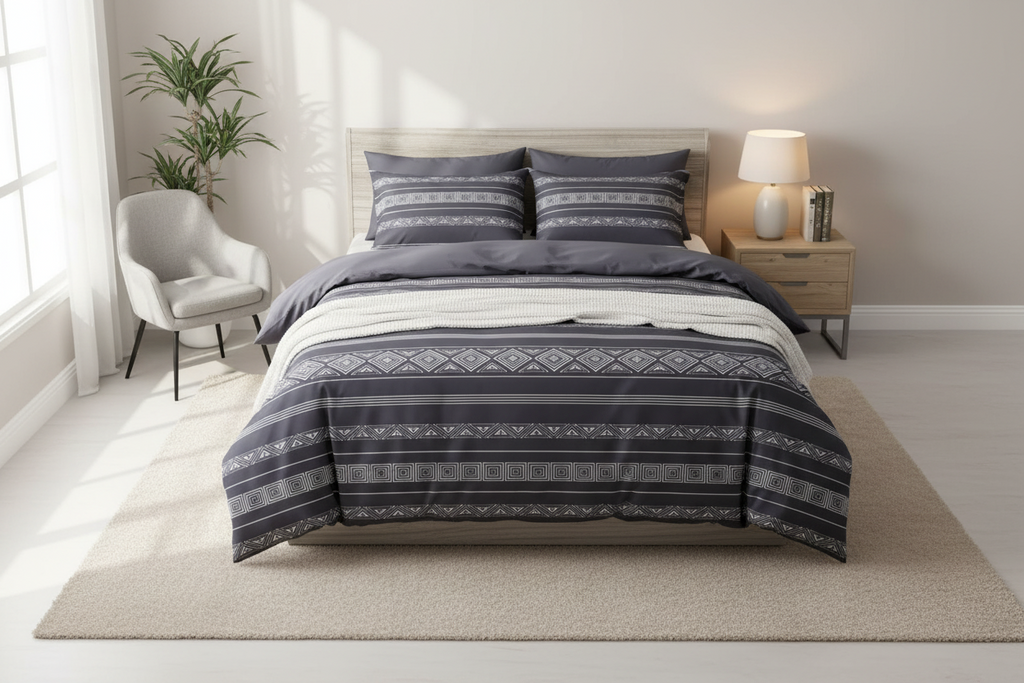 Gray patterned bedding set on a bed with a white background