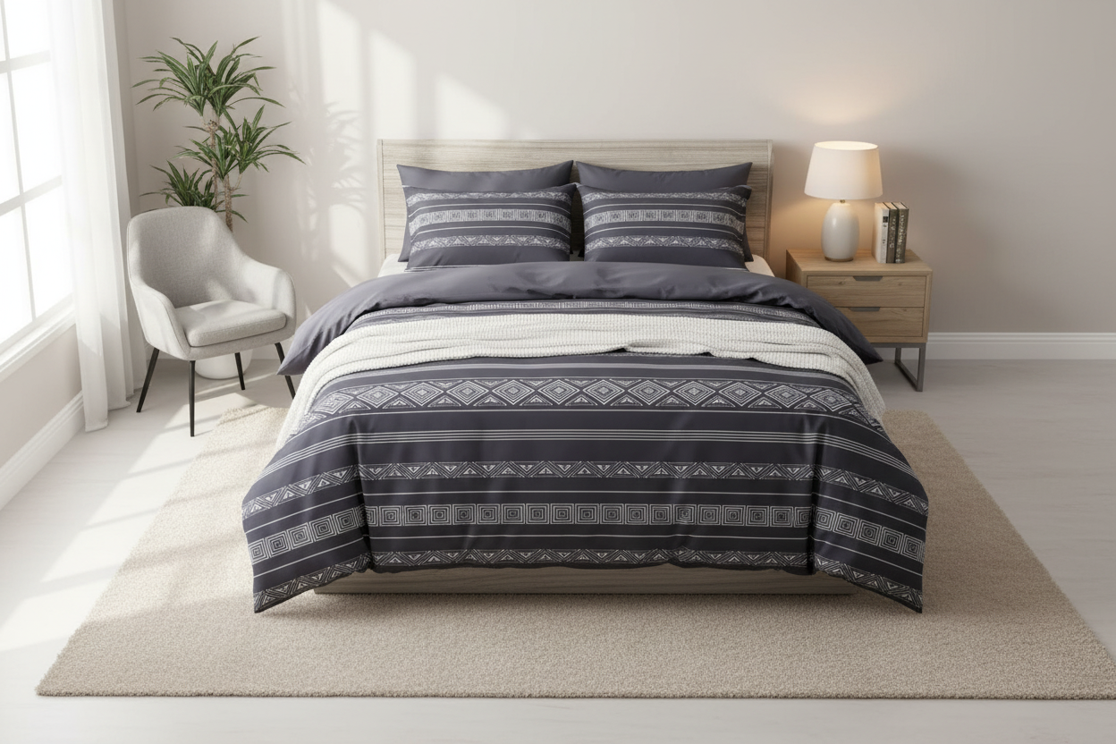 Gray patterned bedding set on a bed with a white background