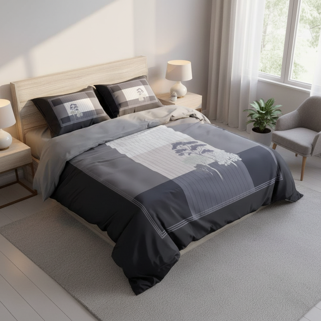 Gray bedding set with a tree design on a white background