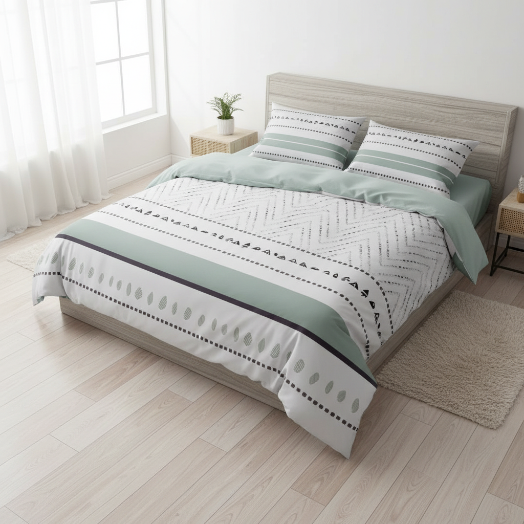 Bedding set with geometric patterns on a plain background