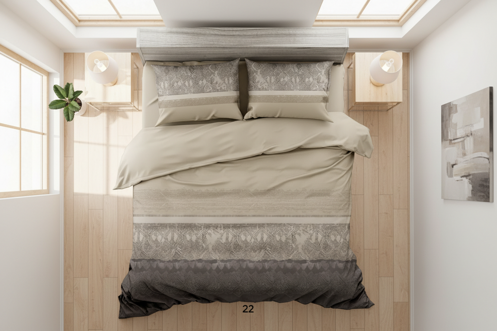 Beige and gray striped bedding set on a bed with a matching headboard.