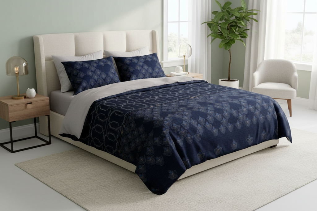 Bed with blue patterned bedding and pillows on a white background