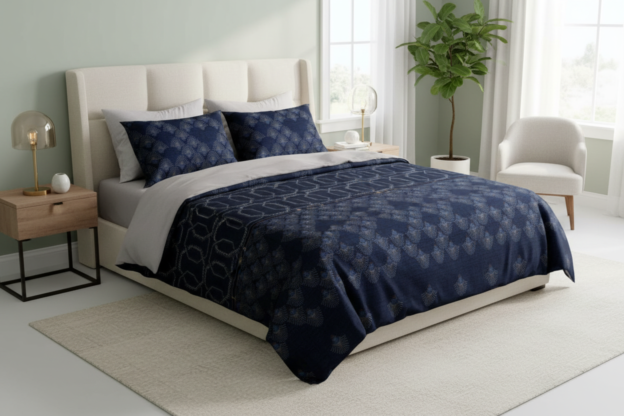 Bed with blue patterned bedding and pillows on a white background