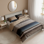 Striped bedding set with a headboard on a white background