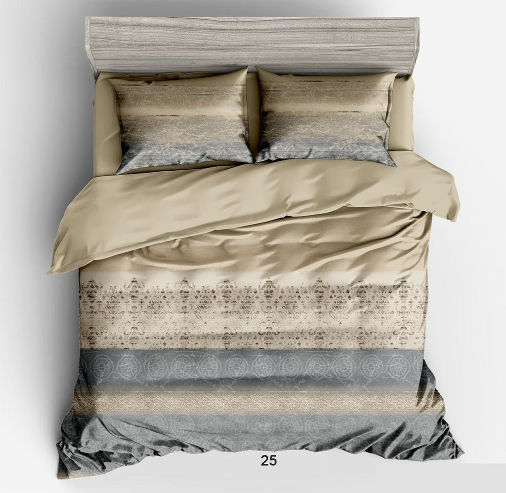 Beige and gray patterned bedding set on a bed with pillows.