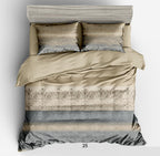 Beige and gray patterned bedding set on a bed with pillows.