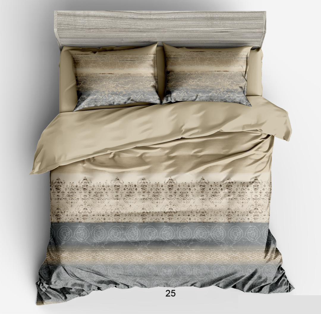 Beige and gray patterned bedding set on a bed with pillows.