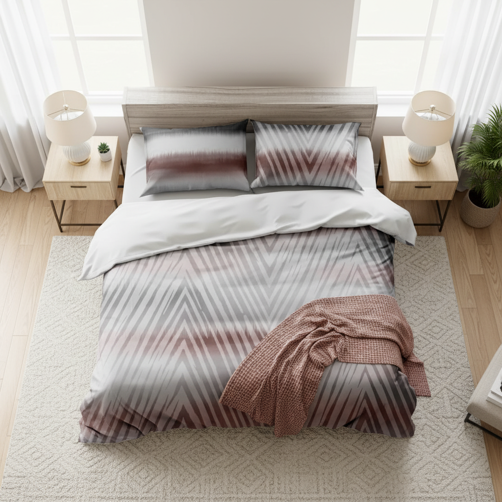 Bed with patterned bedding and pillows on a plain background