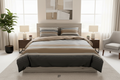 Bedding set with striped patterns on a neutral background